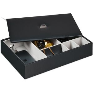 Relaxdays Jewellery Box, Storage with Compartments & Lid, HxWxD: 7 x 32 x 22 cm, Leather Look, Dressing Table, Black