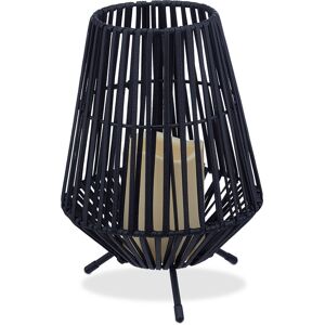 Outdoor Table Lamp, With led Candle, Rattan Look, Flame Effect, Garden, Balcony, 26 x 19 x 19 cm, Black - Relaxdays