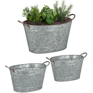 Metal Tub Set Of 3, Oval Planters In Zinc look, Waterproof, Garden,Vintage, 12, 18 & 22 l, Zinc Look - Relaxdays