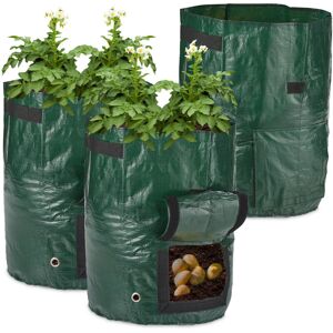 Potato Grow Bags, 3x Set, for Cultivation, Ventilation & Drainage, View Window, HxD: 44 x 33 cm, Dark Green - Relaxdays