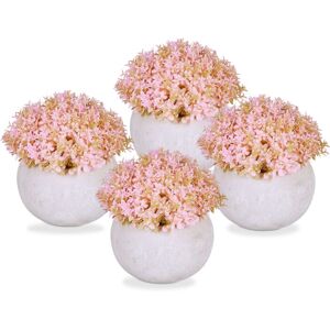 Set of 4 Artificial Flowers in a Pot, Fake Bouquets, Beautiful Table Decoration, HxØ: 11 x 11 cm, Pink/Grey - Relaxdays