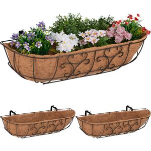 Relaxdays - Flower Box, 3x Set, Balcony Hanger, Iron, Coconut Fibre Insert, Plantpot, HxWxD 21 x 76 x 22 cm, Brown/Natural