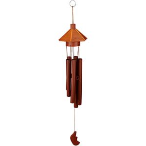 Wind Chime Bamboo, Cute House and Moon Design, Hanging Decor Outdoors & Indoors, hwd: 62 x 11.5 x 13cm, Brown - Relaxdays