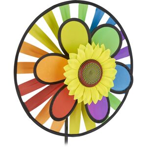 Wind spinner with 2 wheels, windmill with decorative flower, pinwheel for garden & balcony, rainbow colours - Relaxdays