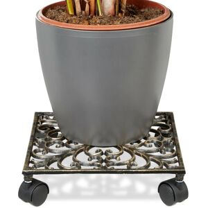 Single Plant Caddy, Cast Iron, Rectangular, 27.5 x 27.5 cm, Art Nouveau, 4 Wheels, Weatherproof, Bronze - Relaxdays