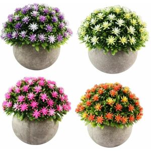 Alwaysh - Set of 4 Small Artificial Flower Plants with Pot, Indoor Outdoor for Decoration.(Orange+Pink+Yellow+Purple)