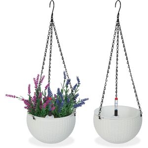 Relaxdays - Set of 2 Hanging Baskets with Water Reservoir, HxØ: 54 x 18.5 cm, Out- & Indoor, Suspended Pot, Plastic, White