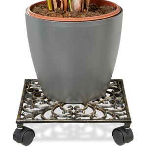 Relaxdays - Plant Caddy Cast Iron, Square, 27.5 x 27.5 cm Art Nouveau Style w/ 4 Wheels, Sturdy and Weather-Proof, Bronze