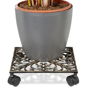 Relaxdays - Plant Caddy, Set of 4, Cast Iron, Rectangular, 27.5 x 27.5 cm, Art Nouveau, 4 Wheels, Weatherproof, Bronze