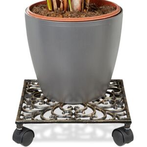 Relaxdays - Plant Caddy, Set of 10, Cast Iron, Rectangular, 27.5 x 27.5 cm, Art Nouveau, 4 Wheels, Weatherproof, Bronze