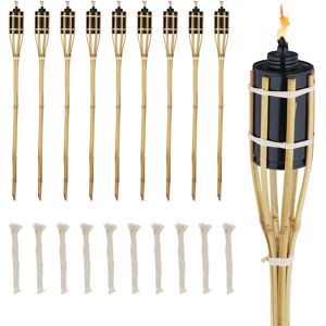Set of 10 Garden Oil Torches, with Replacable Wicks, Bamboo & Iron, Outdoor Party Flares, HxØ: 80x6cm, Natural - Relaxdays