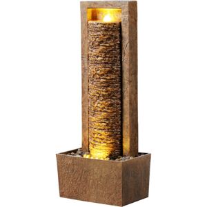 Teamson Home - Garden Outdoor Water Feature Tall Waterfall Water Fountain With Warm led Lights Layered Rock Design Brown