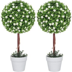 HOMCOM Set of 2 Artificial Plants with Rose Flower in Pot, 60cm, White HOMCOM Set of 2 Artificial Plants with Rose Flower in Pot, 60cm, White