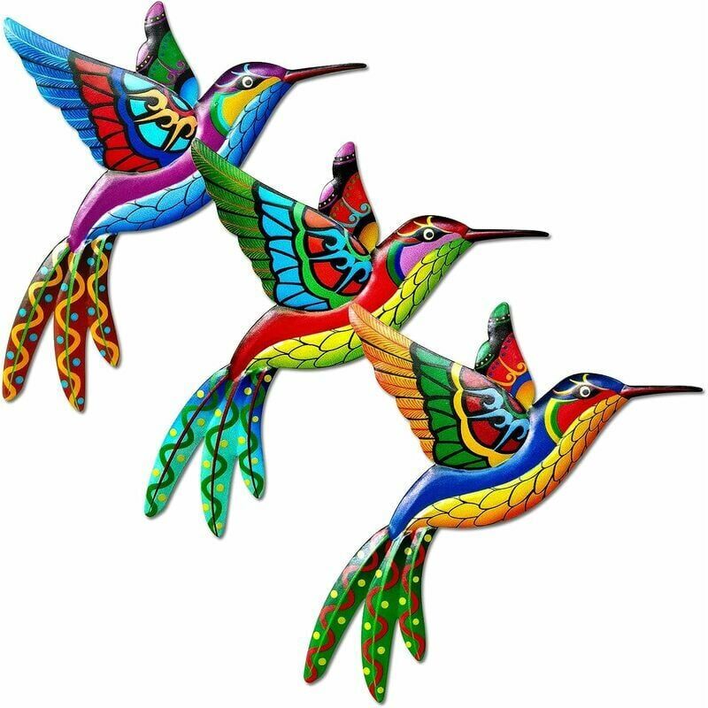 Dewdat - 3 Pack Metal Hummingbird Wall Decor, Metal Wall Art Decorations, Colorful Birds Wall Ornaments Hanging for Indoor Outdoor Home Bedroom