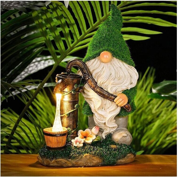 AOUGO Flocked Garden Gnome Decorations, 19cm Tall Funny Gnome Outdoor Garden Statue with Well Solar Lights, Waterproof Resin Gnome Figurines for Yard