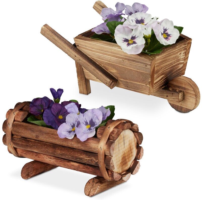 Wooden Planters, Set of 2, Wheelbarrow & Barrel Decorative Plant Pot for Flowers, Garden Accessory, Natural - Relaxdays