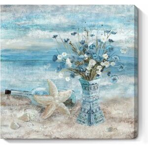 Héloise - Bathroom Decor Wall Art Blue Beach Picture Ocean Theme Flower Canvas Print Modern Coastal Seascape Framed Painting Seaside Artwork Floral