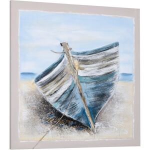 Homcom - Hand-Painted Wall Art, Canvas Painting Artwork Beach Boat, 90 x 90 cm - Blue