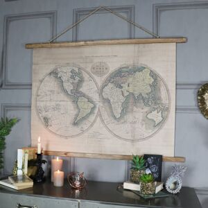 Melody Maison - Large Rustic World Map Hanging Canvas Print 106CM x 73CM - Beige