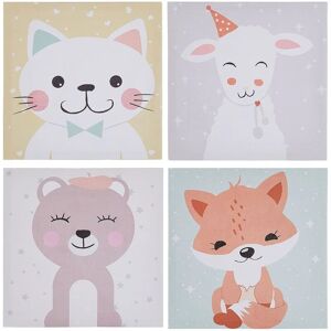 BELIANI Set of 4 Canvas Prints Wall Art 30 x 30 cm Sheep Cat Bear Fox Multicolour Bombi - Multicolour