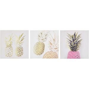 Beliani - Set of 3 Canvas Prints Wall Art 30 x 30 cm Nylon Pineapple Gold and Pink Apesika - Pink