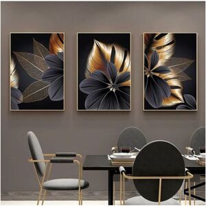 Set of 3 Canvas Posters, Plant Leaves Pattern, Modern Print, Wall Decor, Black Gold (40 x 50 cm) Denuotop