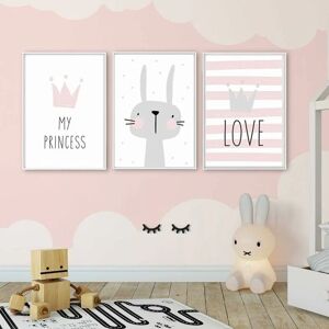 PESCE Set of 3 Paintings for Children's Room Girl Pink Baby Posters Set Rabbit My Princess Love Poster Birthday Gifts Unframed XL(50X70CM) No Frame d