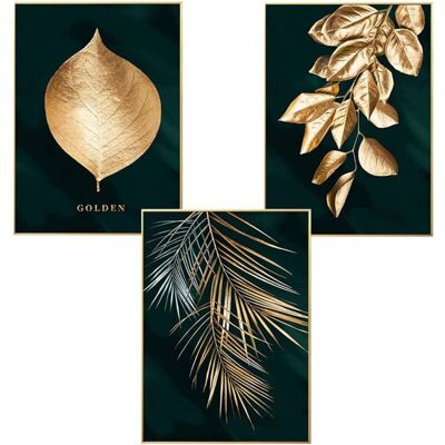 Csparkv - Set of 3 designer wall posters with forest motifs, golden leaves, palm, without frame, wall decoration for living room Csparkv - Set of 3 designer wall posters with forest motifs, golden leaves, palm, without frame, wall decoration for living room