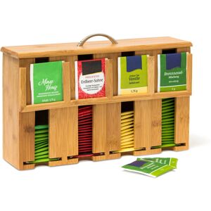 Bamboo Tea Dispenser, 22 x 33.5 x 10 cm, Standing Tea Box With Lid And Handle, 4 Compartments, Wooden, Brown - Relaxdays