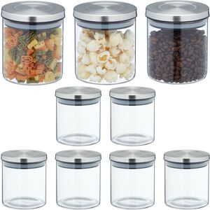 Storage Jars in Set of 9, 500ml Capacity, Steel Airtight Lids, Dry Food Storage, Glass, Transparent/Silver - Relaxdays