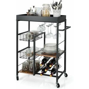 Costway - 4 Tier Kitchen Serving Trolley, Removable Top Tray Rolling Bar Cart with Lockable Wheels, Wine Rack and Glass Holder, Home Office