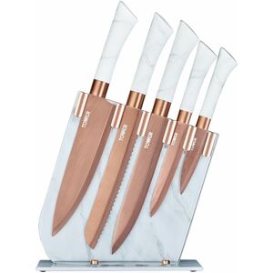 T81534WR Kitchen Knife Set with Acrylic Knife Block, Stainless Steel with Soft Touch Handles, White Marble and Rose Gold, 5 Piece - Tower