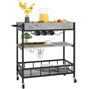 HOMCOM Industrial Bar Cart, 3-Tier Kitchen Trolley on Wheels with Wine Rack - Grey