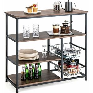 COSTWAY Kitchen Baker's Rack, Industrial Microwave Oven Stand with Wire Basket & S-Hooks, Freestanding Utility Storage Shelf Organiser for Spices Utensils