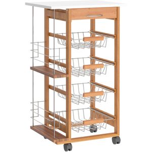 Homcom - Multi-Use Kitchen Island Trolley w/ 4 Baskets 2 Side Racks Drawer Worktop White and brown - Brown