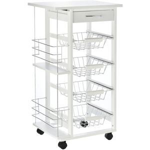 HOMCOM Multi-Use Kitchen Island Trolley w/ 4 Baskets 2 Side Racks Drawer Worktop White - White