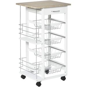 Homcom - Multi-Use Kitchen Island Trolley w/ 4 Baskets 2 Side Racks Drawer Worktop White and brown - Natural and White