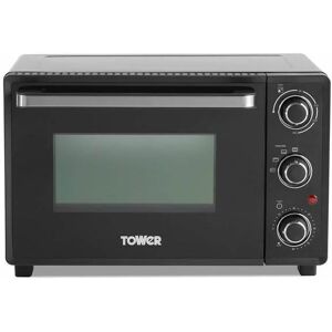 T14043 Mini Oven with Adjustable Temperature Control, 90 Minute Timer, Baking Tray and Wire Rack, 23 Litre, Black with Silver Accents - Tower