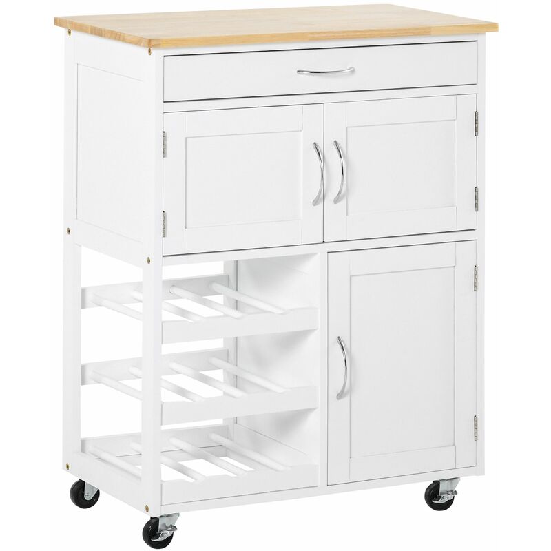 Rolling Kitchen Island Trolley Storage Cart with Rubberwood Top Wine Rack - White - Homcom