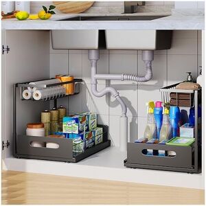 Groofoo - 2Pcs Under Sink Storage, 2 Tier Sliding Cabinet Organizer, Multi-Use for Kitchen and Bathroom Under Sink Storage and Organization (Black)