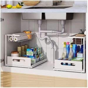 Groofoo - 2Pcs Under Sink Storage, 2 Tier Sliding Cabinet Organizer, Multi-Purpose for Kitchen and Bathroom Under Sink Storage and Organization