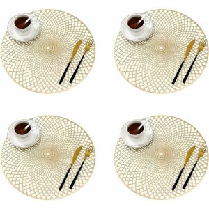 DENUOTOP 4 Pieces Gold Placemat, Hollow Out Round Placemat, Round Placemats Plastic Table Mat, Used for Heat Insulation of Plate and Table Decoration (Gold)