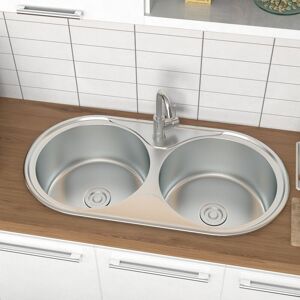 Livingandhome - Catering Stainless Steel Double Kitchen Sink Laundry Topmount Round