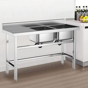 Livingandhome - Commercial Double Kitchen Sink Standing Catering with Bowl Side Platform