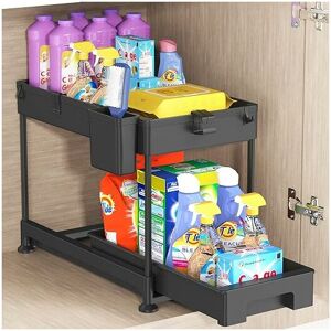 Groofoo - 1PCS 2 Tier Under Sink Organizer with Hooks and Tumblers - Versatile Bathroom and Kitchen Storage (1 Tumblers))