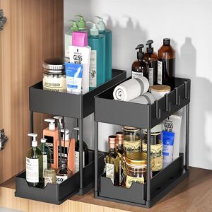 Groofoo - 2PCS 2 Tier Under Sink Organizer with Hooks - Versatile Bathroom and Kitchen Storage(No Cups))