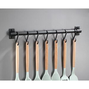 Groofoo - Aluminium/Stainless Steel Kitchen Rack Without Drilling - 50CM - Hanging Bar with 7 Hooks - Black (Utensils Not Included)