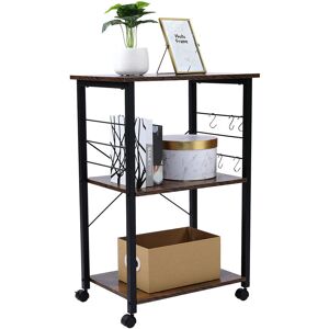FAMIHOLLD Kitchen Baker's Rack, Microwave Oven Stand Storage Cart, Printer Stand, 3-Tier Serving Cart with Metal Frame and 6 Hooks, Industrial Design, Rustic