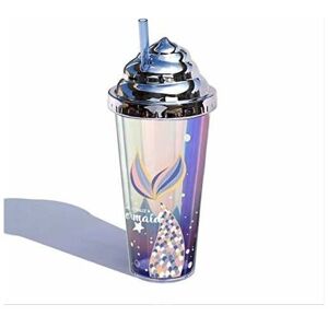 Mermaid Reusable Double Wall Plastic Cups 14 oz With cream Lids And Straw,Downward Tail Denuotop