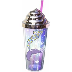 Mermaid Reusable Double Wall Plastic Cups 14 oz With cream Lids And Straw,Mermaid-Pink Denuotop